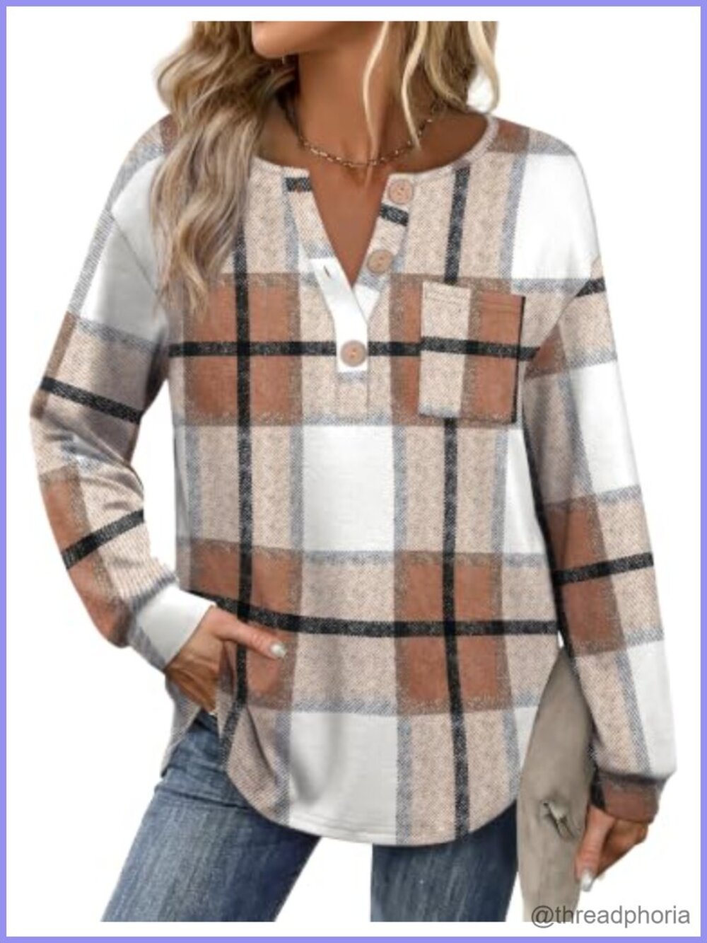 Womens Long Sleeve V Neck Henley Tunic Top with Pocket Curved Hem